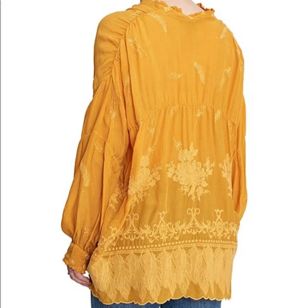 NWT Johnny Was Lara Georgette Feather Embroidered Mustard Yellow Scalloped Hem - Picture 2 of 9